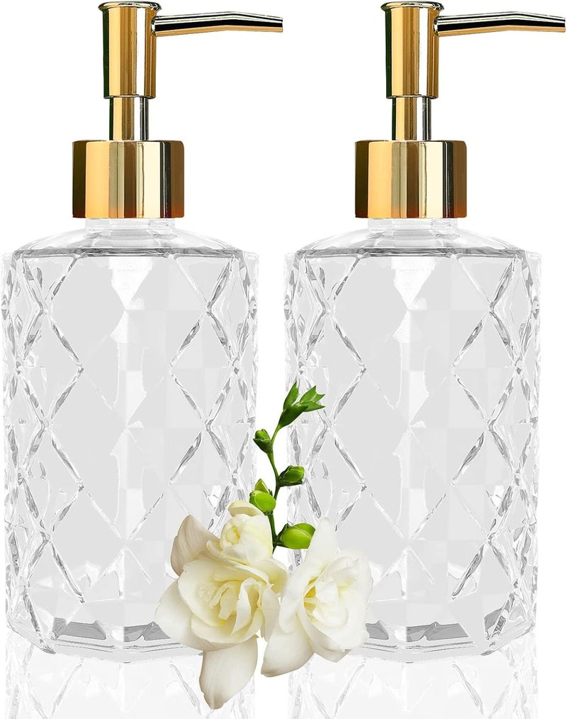 Ulable Clear Glass Soap Dispenser with Gold Plastic Pump, 2 Pack 12oz Diamond Hand Soap Dispenser, Refillable Lotion Dispenser & Dish Bathroom Dispenser for Liquid, Shower Gel - Image 1